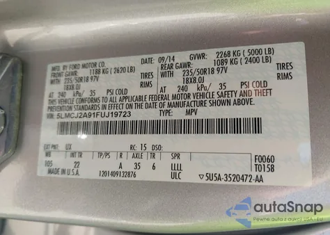 2015 Lincoln Mkc z USA, uszkodzony, nr VIN 5LMCJ2A91FUJ19723